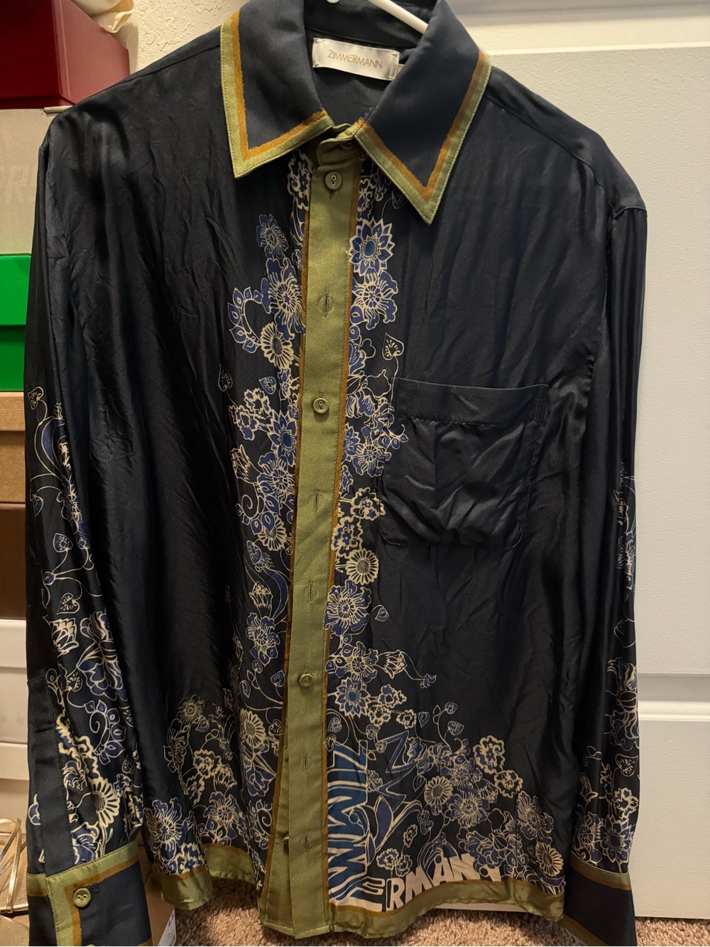 Zimmermann Navy Satin Floral-Print Shirt